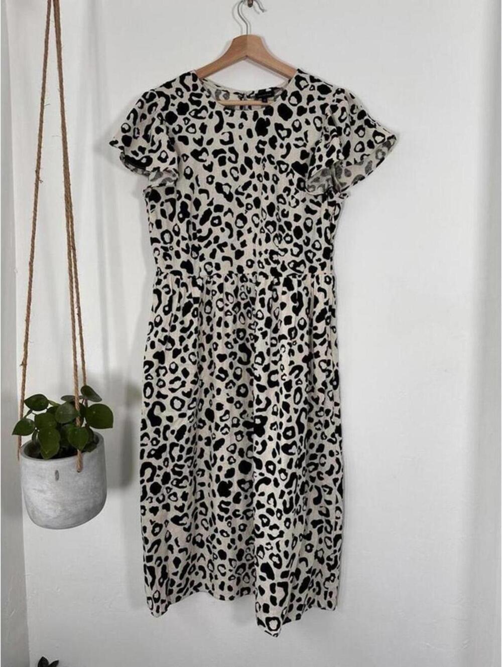 Who What Wear Leopard Print Midi Dress M Linen Blend Flutter Sleeve
